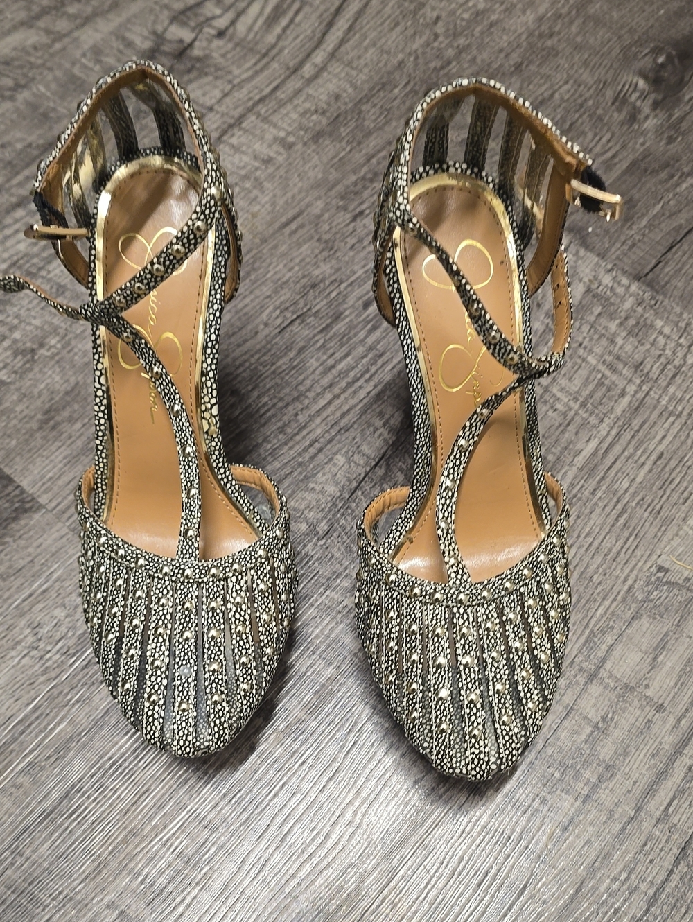 Elegant Beaded Ankle-Strap Women's Heels - Black & Gold
